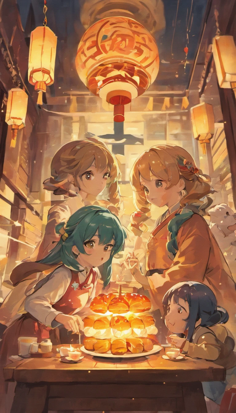 A family eats mooncakes,Men honor their parents with gifts in their hands, Happy family, There are mooncakes on the table,Gift in hand, tea drinking and paper lanterns, Another bright moon in the sky,warm and joyful atmosphere, Digital illustration, Poster illustration, ???, , digital illustrations , Chinese style painting, , exciting illustration,