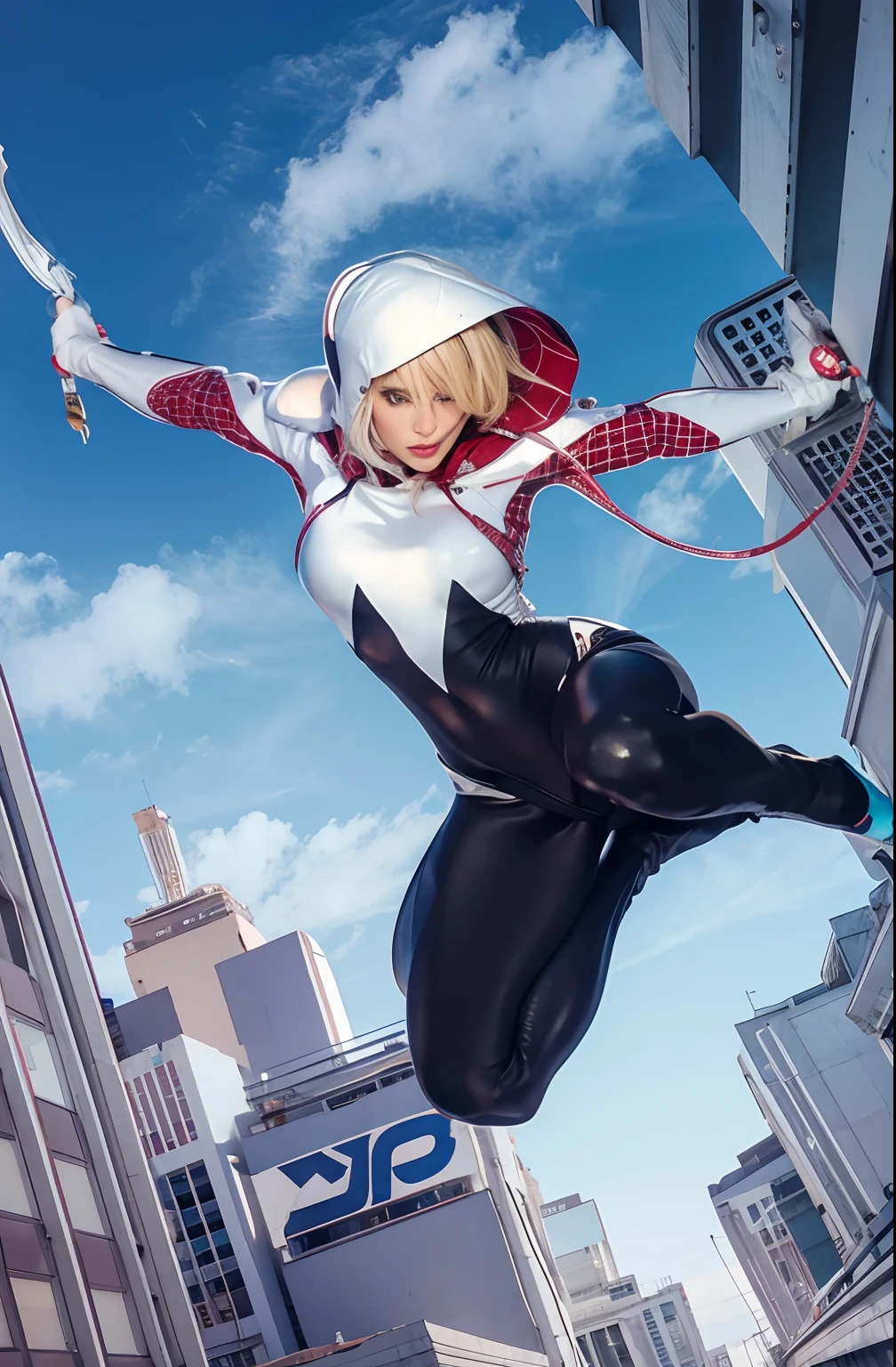 (Best quality, 8k, 32k, Masterpiece, UHD:1.2) "Enter the dynamic world of Spider-Gwen as she scales the walls of a towering building. Capture the essence of her agility and superhero prowess as she navigates the cityscape with grace. Illuminate the scene with a combination of moonlight and city lights, creating a captivating contrast between shadows and highlights. Showcase Spider-Gwen in her iconic costume, emphasizing the details of her sleek and vibrant attire. Highlight the urban environment with realistic textures and architectural features, immersing the viewer in a moment of exhilarating superhero action. Let the composition evoke the energy and excitement synonymous with Spider-Gwen's adventurous spirit."