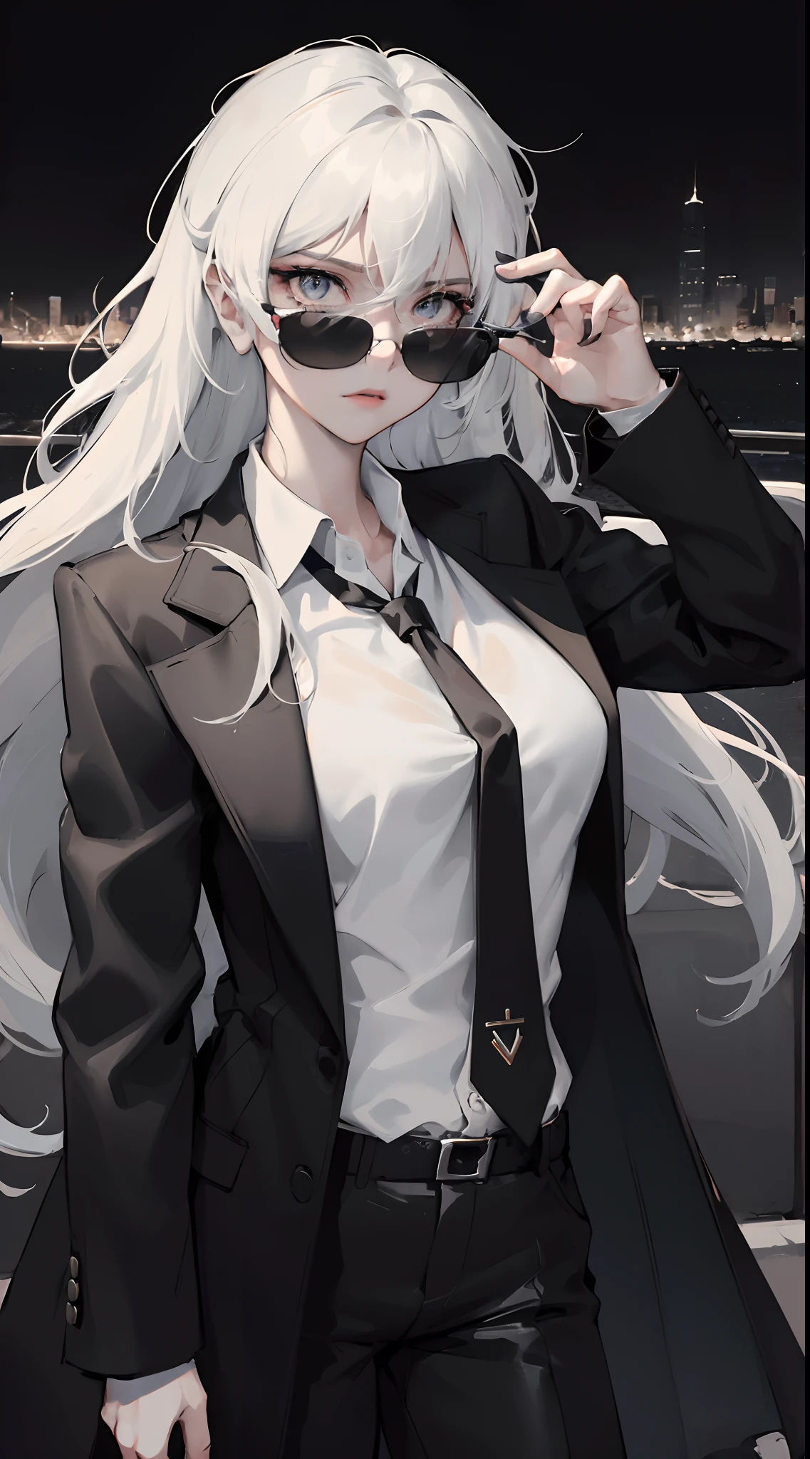 (masterpiece:1.2, best quality), 8k,Sharp focus, 1 cool adult woman posing in a sports car, long and messy hair, Wearing sunglasses, Wearing a black suit with a white shirt and tie,Dynamic pose, Night city background with beautiful lighting