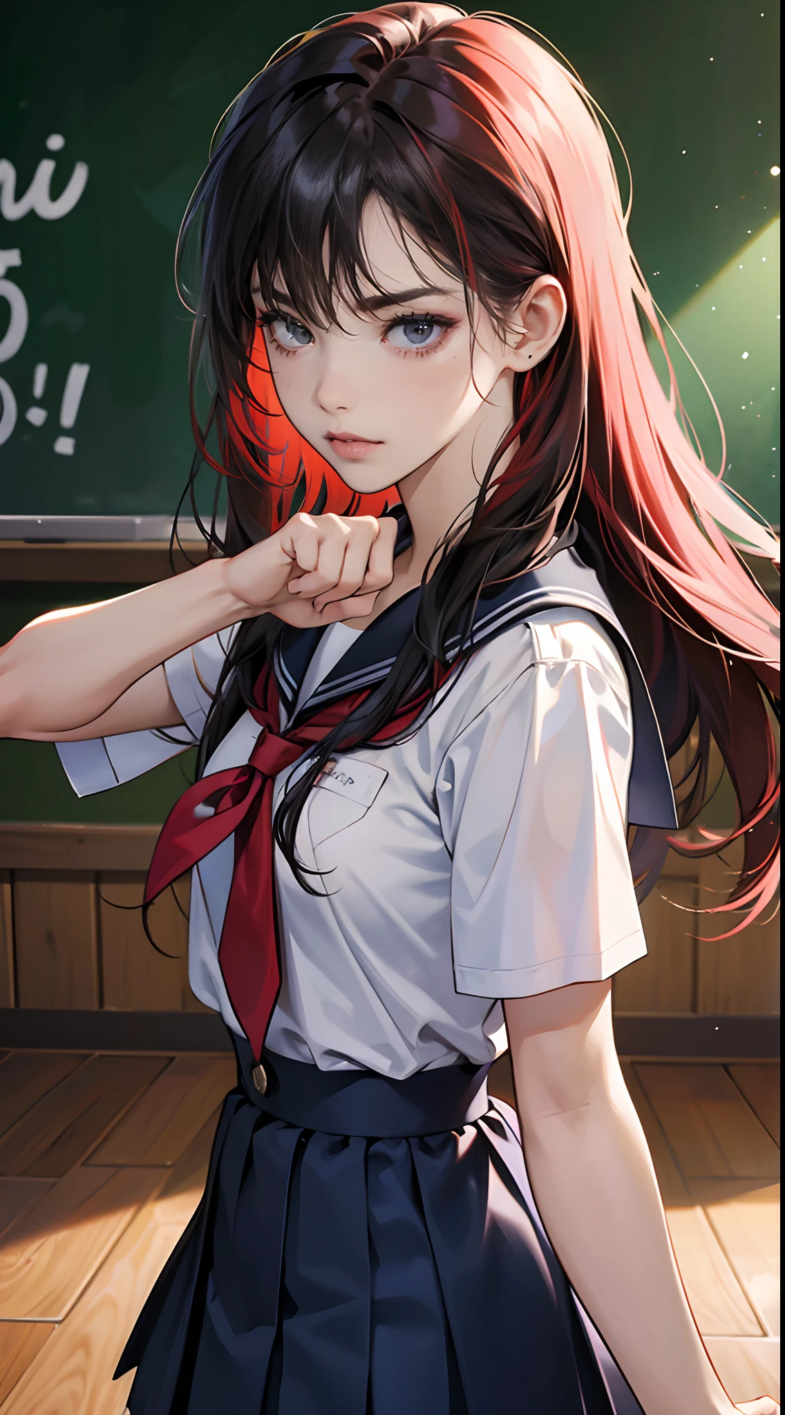(Best Quality,4K,High resolution), 18yo woman, Red mesh hair on black hair, Long hair, Straight hair, Cool Woman,,sharp eye , buttle,fight,Thrust your fist forward,a closeup,Intricately drawn, Realistic portrayal,School classroom background,female high-school student,School Uniforms,Navy blue skirt,summer clothing, shortsleeves,