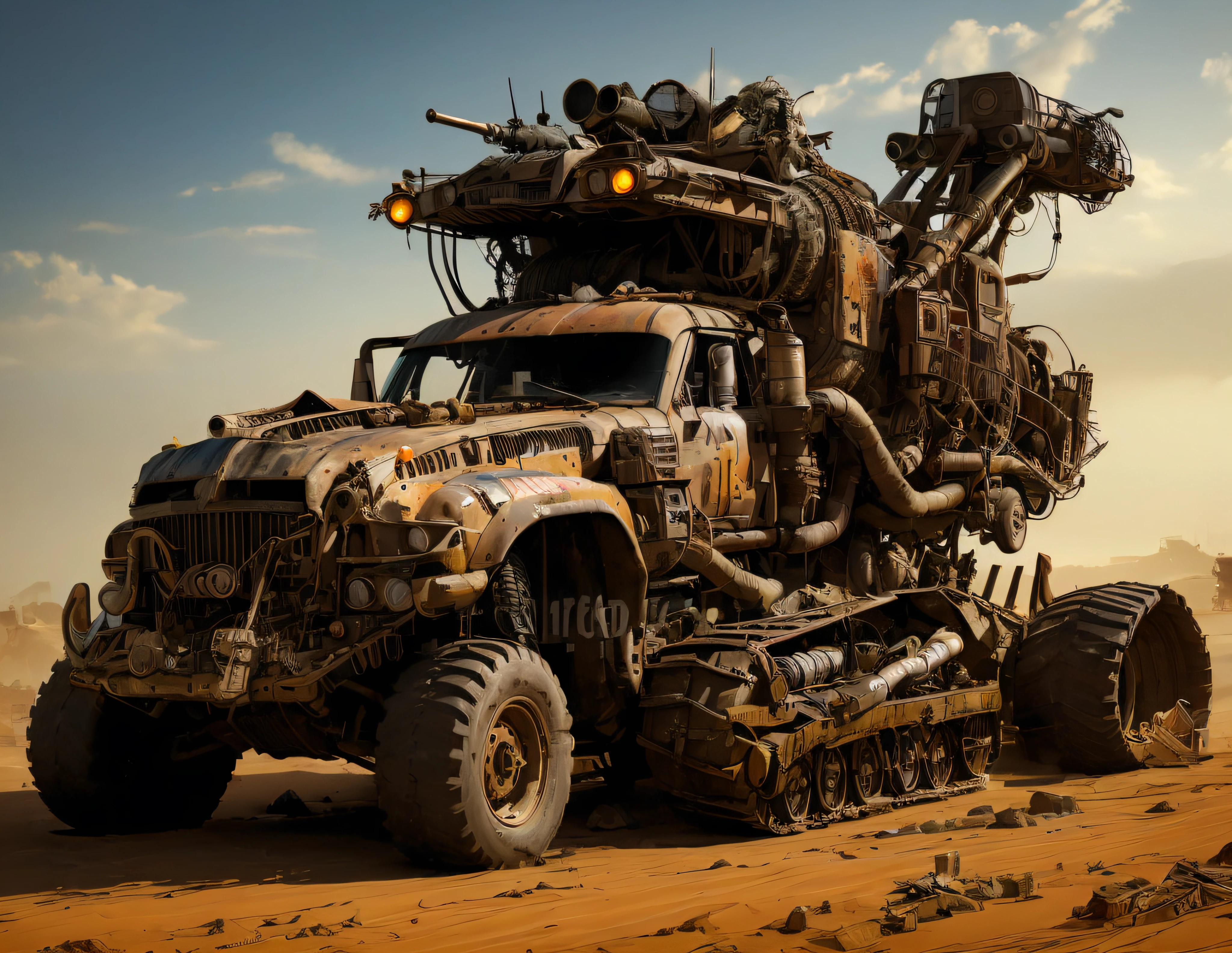 MadMax style, postapocalyptic industrial 4 wheel track tank truck