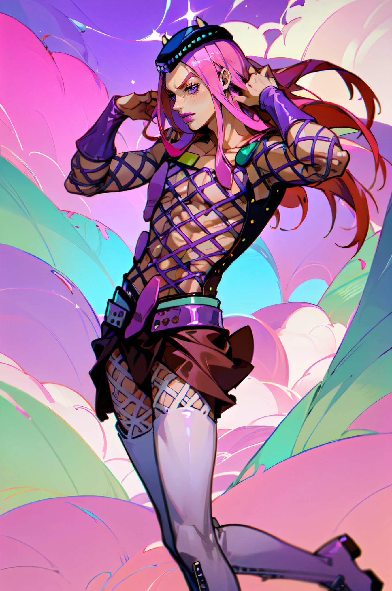 narciso anasui, anasui, pink hair, long hair, purple hat, fishnets, arm cuffs, small brown skirt, thigh high boots, 1boy, male focus, solo, pink lipstick, purple eyes