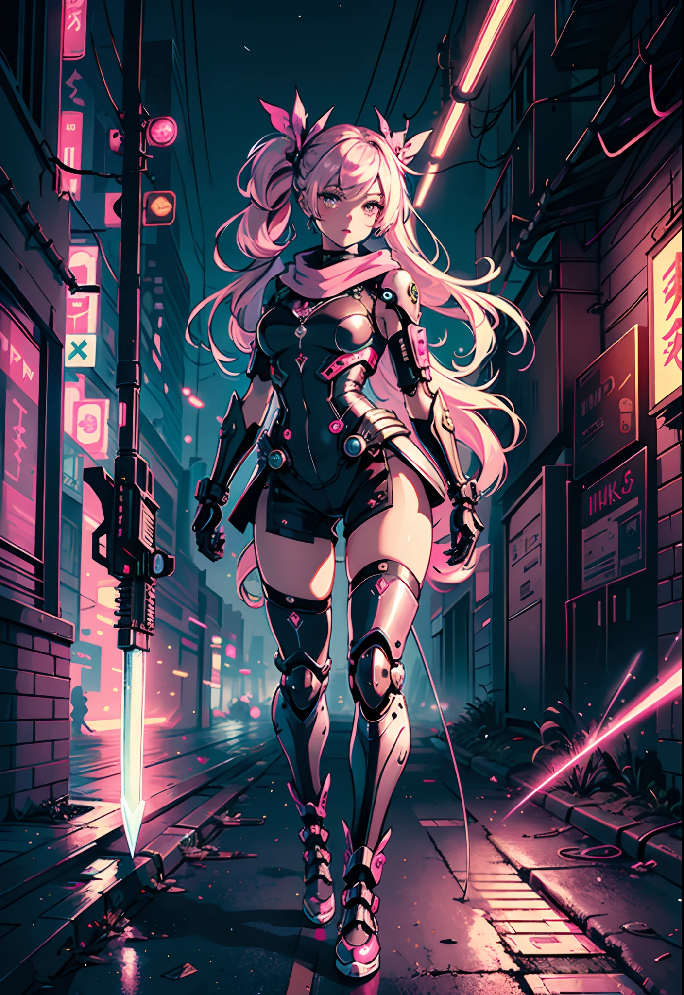 (original) , (very detailed wallpaper) , very detailed illustrations, (1 Girl) , (full body shot), beautiful eyes, (delicate face) , perfect detail,
((mechanical parts)), archer girl with magical guns, armored, long pink ninja scarf, cool ninja, guns, magic knifes, fantasy cyberpunk style, pink details, (ethereal magic bow on back), limelight pink bow, (best lighting) , (super complex detail) , 4K Unity, (super detailed CG: 1.2) , (8K: 1.2) , cyberpunk night city