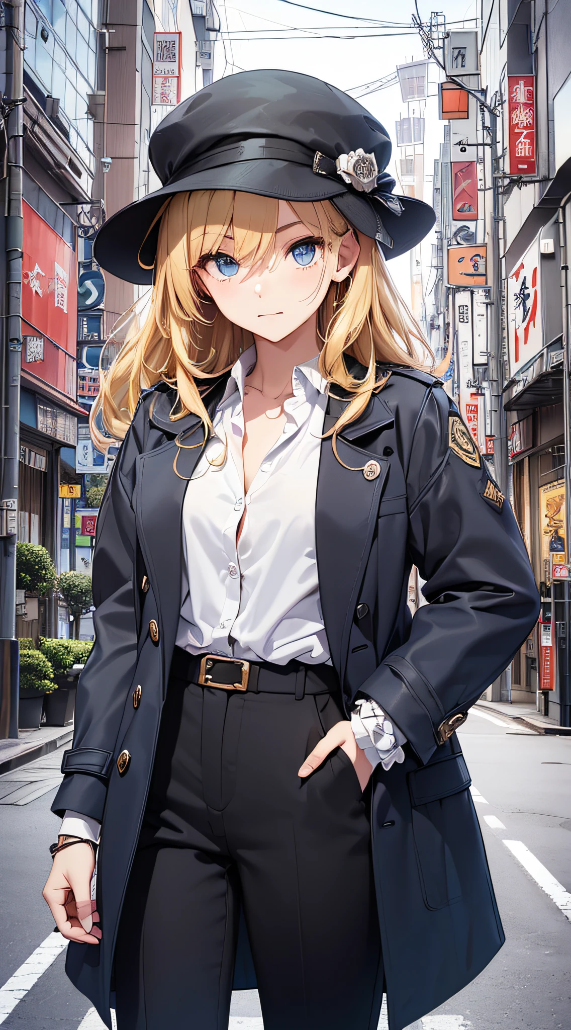 top-quality、Top image quality、​masterpiece、girl with((18year old、White Open Y-Shirt、deerstalker hat、Stylish long coat、Black pants、Best Bust、Bust 85、a blond、Longhaire、Blue eyes、open chest wide、Valley、Happiness、Black wristband on wrist、A slender、耳Nipple Ring、The wind blows,Stick your hands in your pockets、close to viewer、cool expression)）hiquality、Camera Film Style、Background with((Tokyo Tower、Top))、masutepiece、cool style、Elaborate design