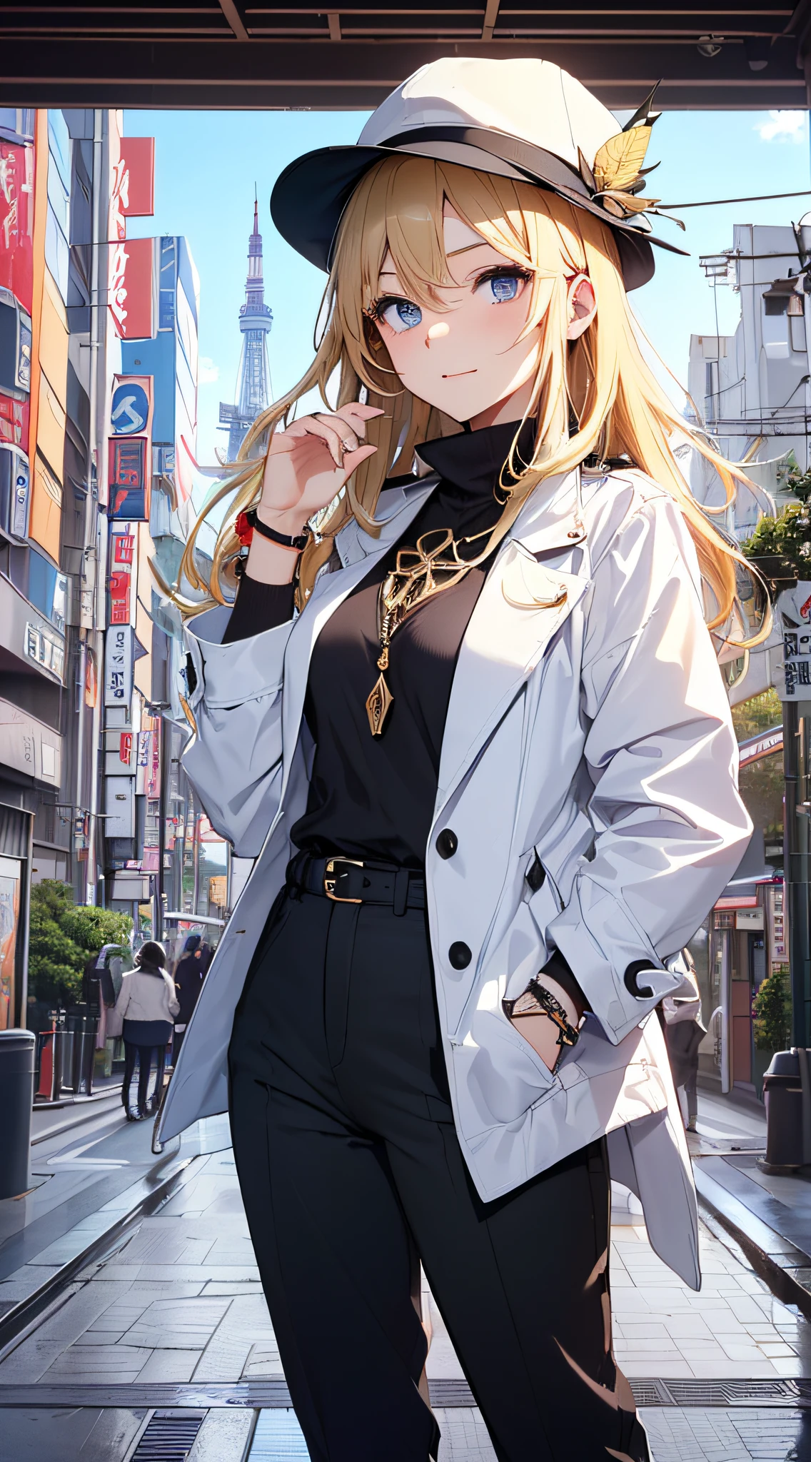 top-quality、Top image quality、​masterpiece、girl with((18year old、White Open Y-Shirt、deerstalker hat、Stylish long coat、Black pants、Best Bust、Bust 85、a blond、Longhaire、Blue eyes、open chest wide、Valley、Happiness、Black wristband on wrist、A slender、耳Nipple Ring、The wind blows,Stick your hands in your pockets、close to viewer、cool expression)）hiquality、Camera Film Style、Background with((Tokyo Tower、Top))、masutepiece、cool style、Elaborate design