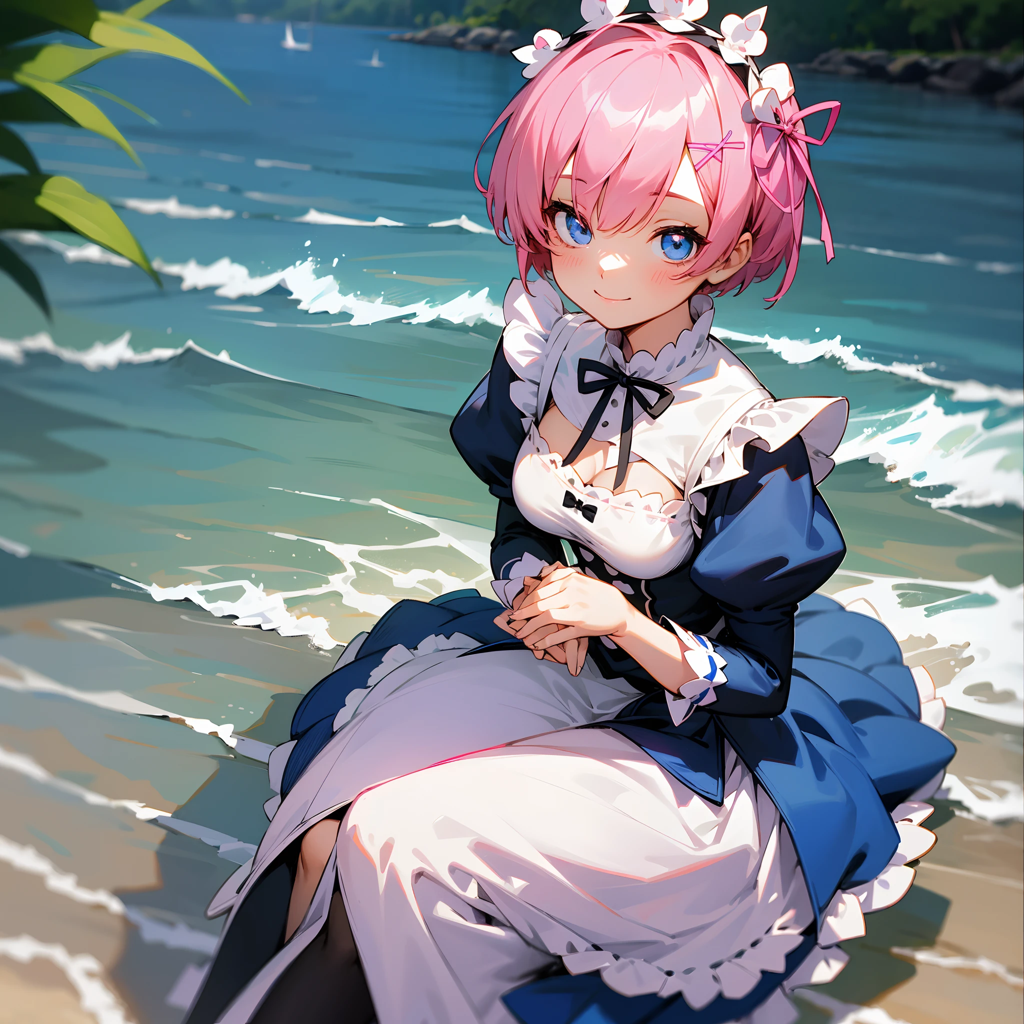 [Anime 1.5], [Rem 1.5], [Re:Zero 1.5], short hair, blue hair, maid outfit, black and white maid outfit, solo girl, smile, pink hair ribbon, cute and beautiful, highly detailed, sitting at beach,