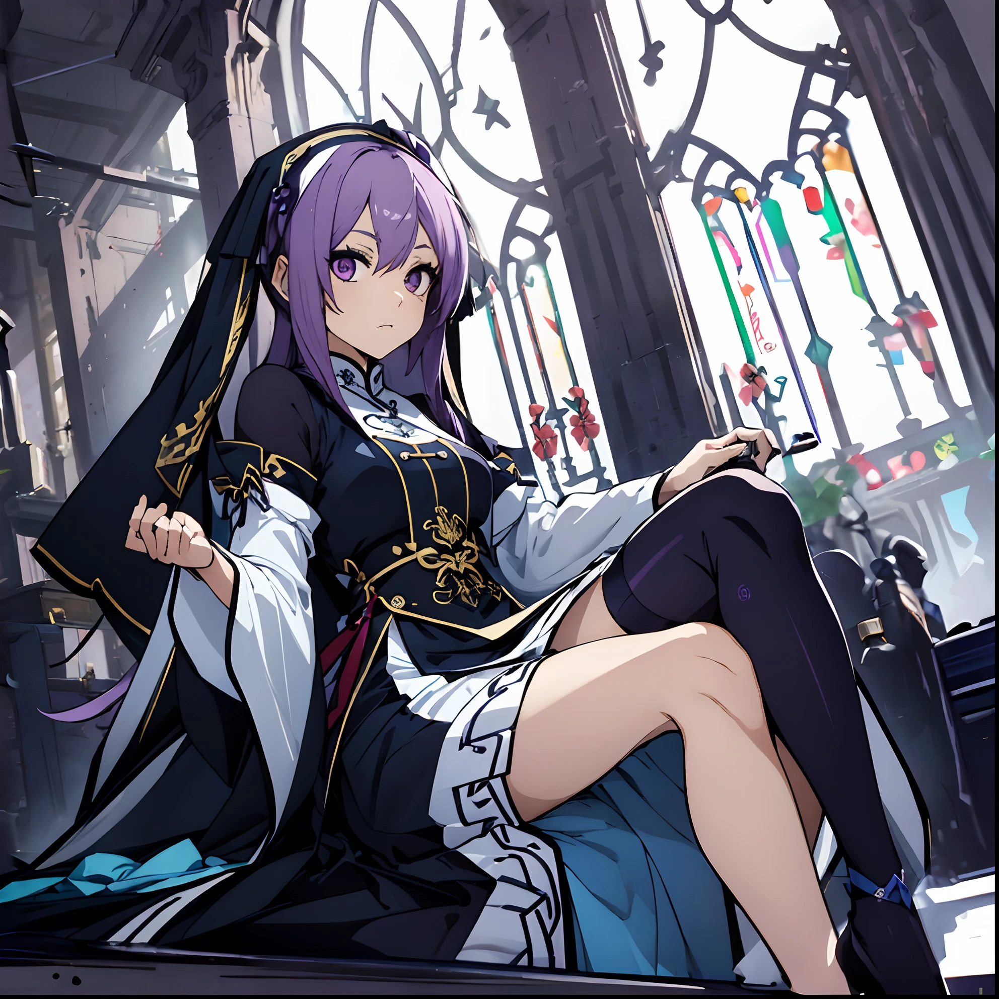 best qualtiy,tmasterpiece,Ultimate Resolution, Bare shoulders, arm warmer, shoulder-length purple hair, Navy Ribbon, Blue cheongsam, thighs thighs thighs thighs, Metamorphosis is exposed, Scenery of Shanghai