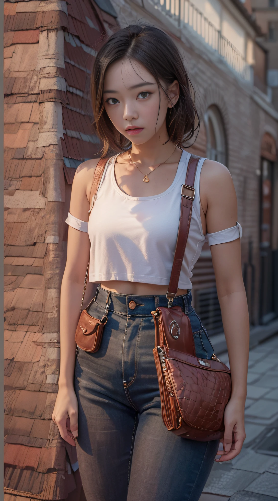 ((midynight, Need, 8K, tmasterpiece:1.3)), full bodyesbian, Long legs, Focalors:1.2, perfect figure beautiful woman:1.4, Slim abs:1.1, ((Dark brown hair, huge tit:1.2 )), (white tight t-shirt, Denim suspenders, standing on your feet:1.2), ((urban street scene, the roof:1.3)), Highly detailed facial and skin texture, A detailed eye, 二重まぶた
