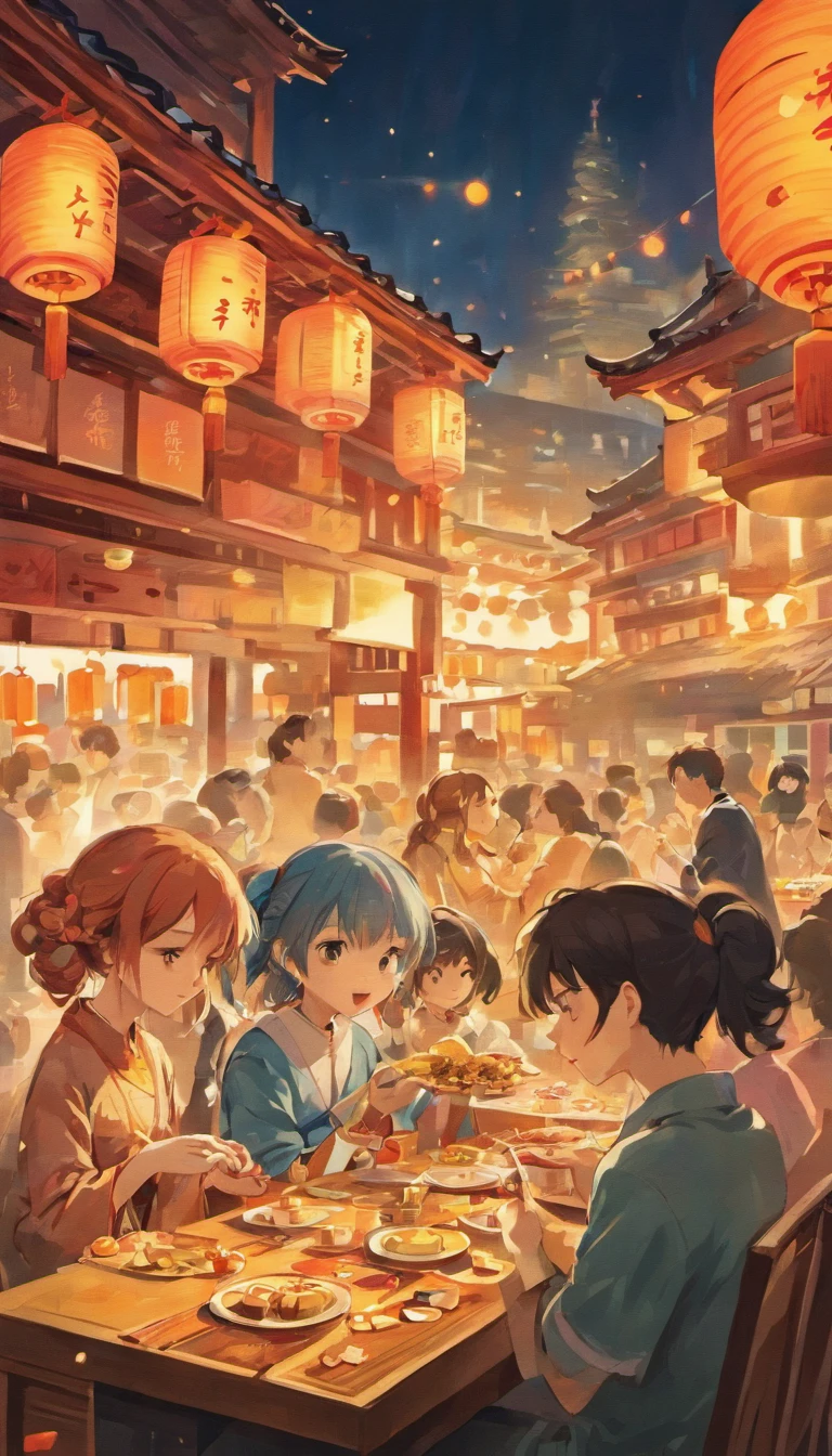 Family sitting at a table eating mooncakes,Men honor their parents with gifts in their hands, Happy family, There are mooncakes on the table,Gift in hand, tea drinking and paper lanterns, Another bright moon in the sky,warm and joyful atmosphere, Digital illustration, Poster illustration, , , digital illustrations , Chinese style painting, , exciting illustration,