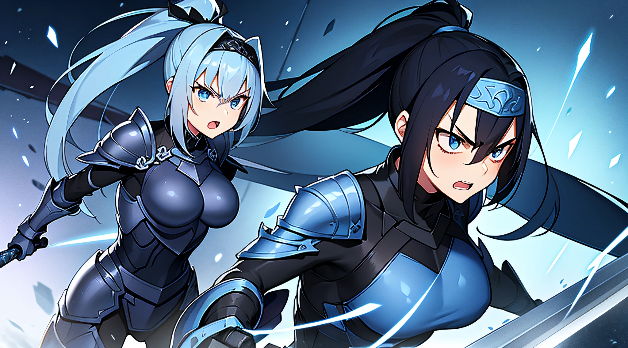 blue knight, blue armor, medium breasts, female, holding sword, black hair, blue eyes, fighting, battlefield, ponytail, long ponytail, rage, angry, mad, scream, headband, lighting