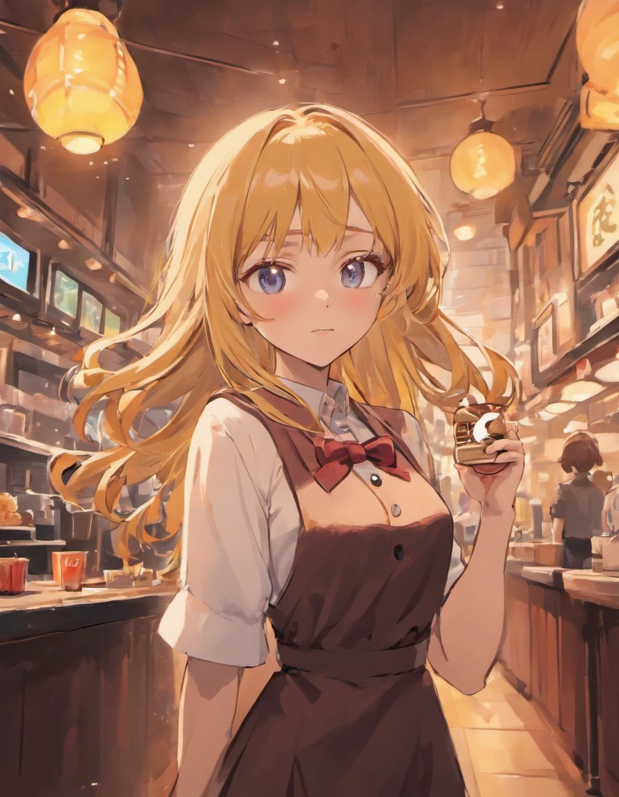 A girl with long hair works as a waitress and carries coffee