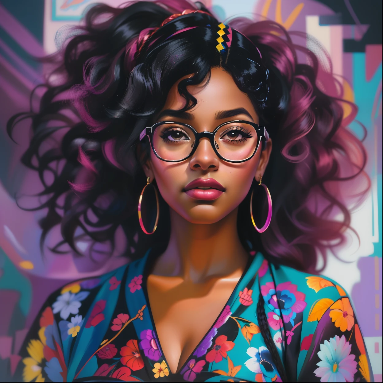 A closeup of a black woman with glasses and a colorful dress, retrato de alta qualidade, in illustration style digital, Epic portrait illustration, stunning digital illustration, Beautiful digital illustration, retrato bonito detalhado, estilo de arte impressionante, bela arte digital, trending on artstration, retrato colorido detalhado, pintura realista da menina bonito, exquisite digital illustration, digital illustration portrait, retrato altamente detalhado