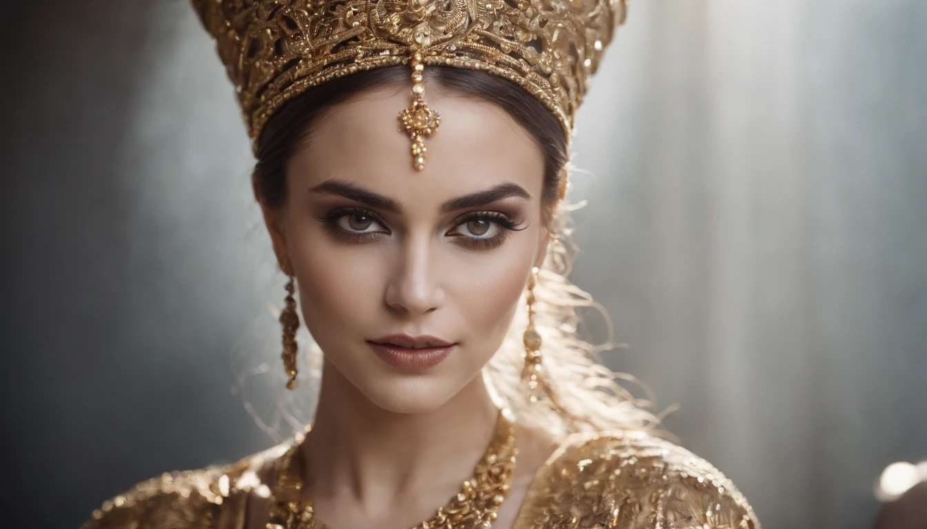 woman dressed golden and gold makeup,in the style of skull motifs,covered in luxurious jewelry, jewelry, luxury, dark white and dark bronze, jewelry by painters and sculptors,high details,realistic,ultra intricate detailing, 8k, Cinematic Lighting, cinematic
