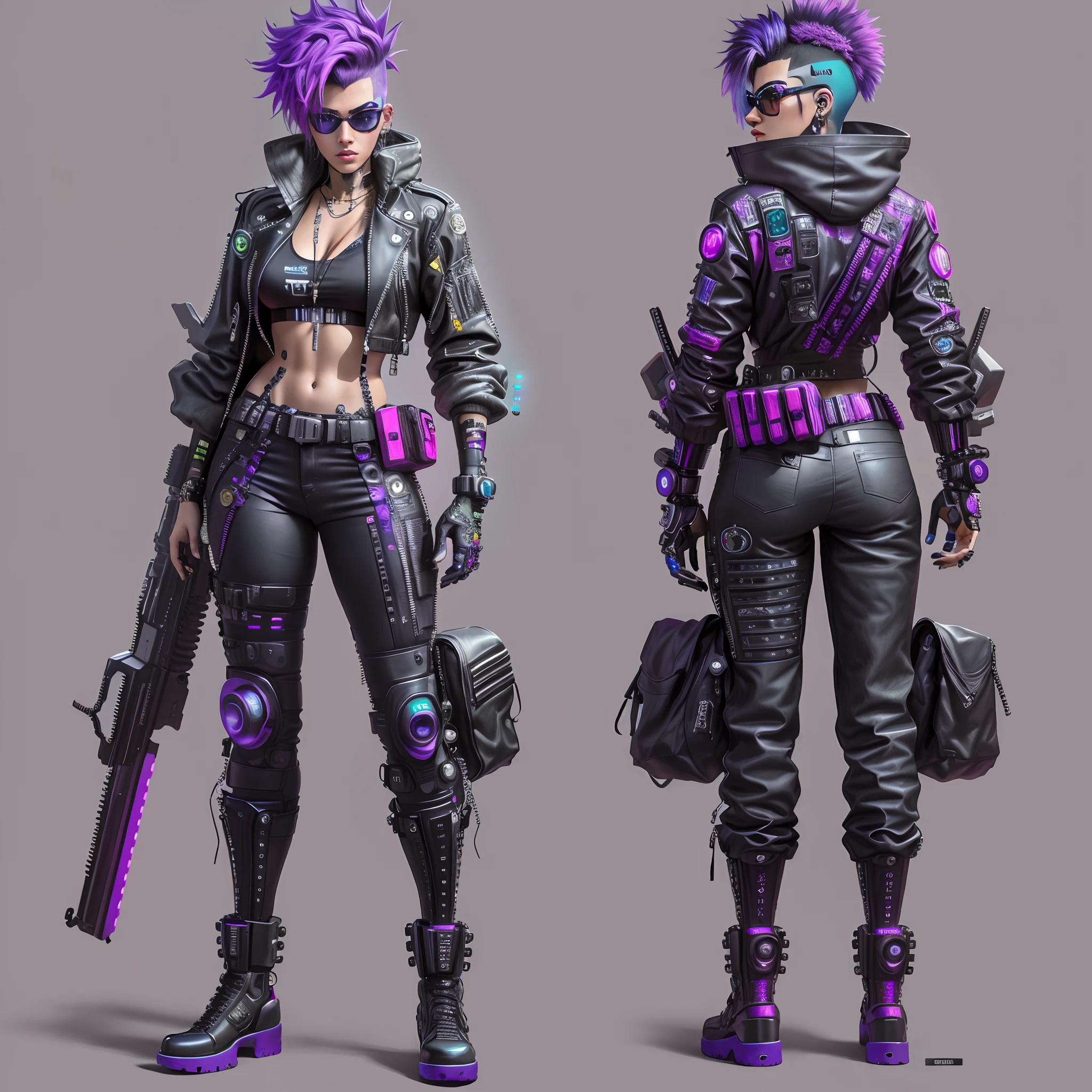 um close up de duas poses diferentes de uma mulher com cabelo roxo, mechanic punk outfit, design de personagens cyberpunk, personagem cyberpunk, roupas cyberpunk, roupa cyberpunk, arte do personagem cyberpunk, roupa estilo cyberpunk, diesel punk female, cyberpunk feminino, roupas de moda cyberpunk, roupas cyberpunk, Arte conceitual de personagens 8K, cor estilo cyberpunk, Arte conceitual de personagens 8k, arte conceitual