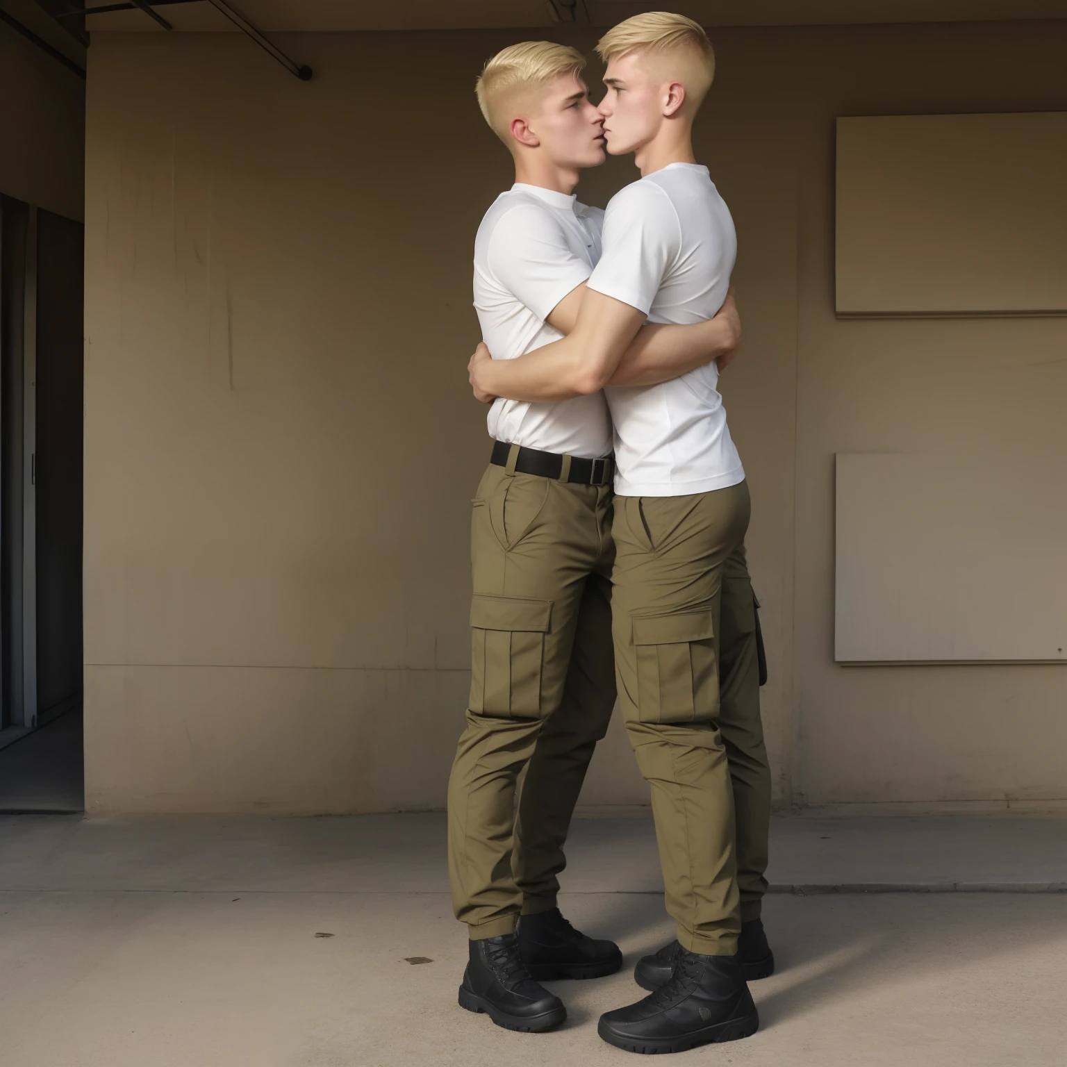 army barracks, army, 2boys, thin body, many young males, age, caucassian masculine square face, full body view, moaning, khaki cargo pants, blonde, hugs