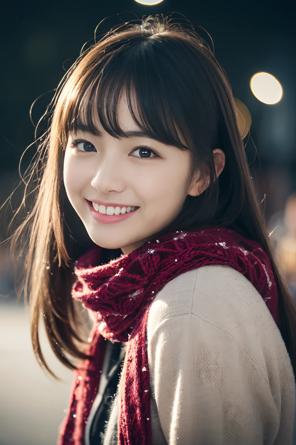 ((no-makeup:1.2))、(realisitic、Photorealsitic、ultra-detailliert、Highest Details Skins、top-quality、​masterpiece、超A high resolution)、Cute Japan Woman、sixteen years old、hi-school girl、younggirl、1 girl in、I have bangs、二重まぶた、drooing eyes、Large black eyes、Charming、purity、Cute smile、Natural smile、View here、look at a camera、Realistic skin type、Thick gray muffler、fluffy hair、((Hair is inside the scarf))、Red cheeks、The wind is blowing、It's snowing、illuminations、bright lighting from behind、Loose perm、nightcity、blurry backround
