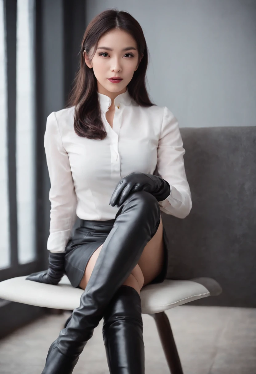 Black leather gloves with five fingers in both hands, black leather tight skirt, white blouse, black leather long boots, Japanese girl with straight black hair, sit on a leather chair with her feet aligned, both hands of leather gloves are aligned on her knees