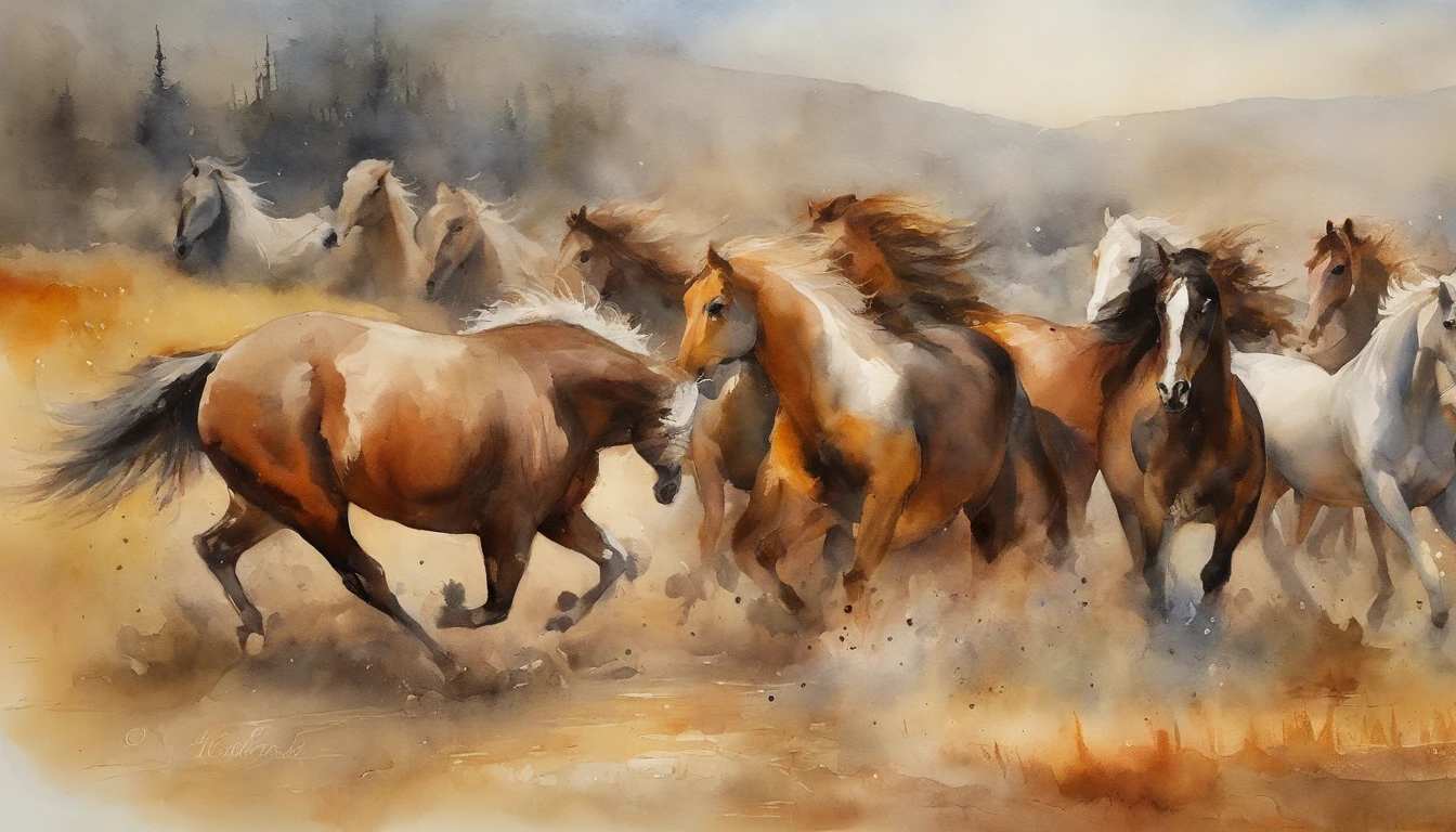 Nine horses，Nine Jun Diagram, watercolor colored painting, watercolor paiting, watercolor paiting, Watercolor painting, water color art on paper, watercolor on canvas, detailed watercolour, colorful watercolor painting, watercolour on paper, watercolor paiting, fantasy watercolor, watercolor paiting, watercolors on canvas, aquarelle, vibrant watercolor painting