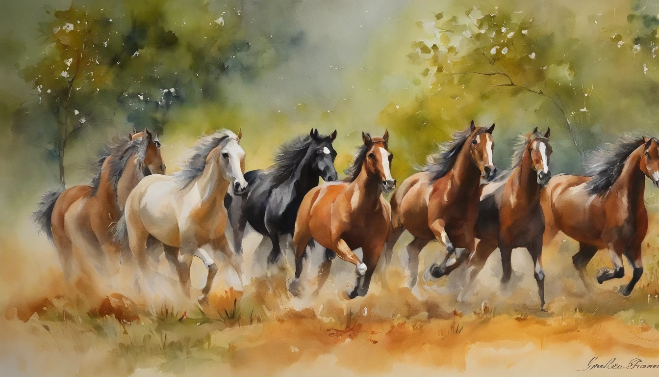 Nine horses,Nine Jun Diagram, watercolor colored painting, watercolor paiting, watercolor paiting, Watercolor painting, water color art on paper, watercolor on canvas, detailed watercolour, colorful watercolor painting, watercolour on paper, watercolor paiting, fantasy watercolor, watercolor paiting, watercolors on canvas, aquarelle, vibrant watercolor painting