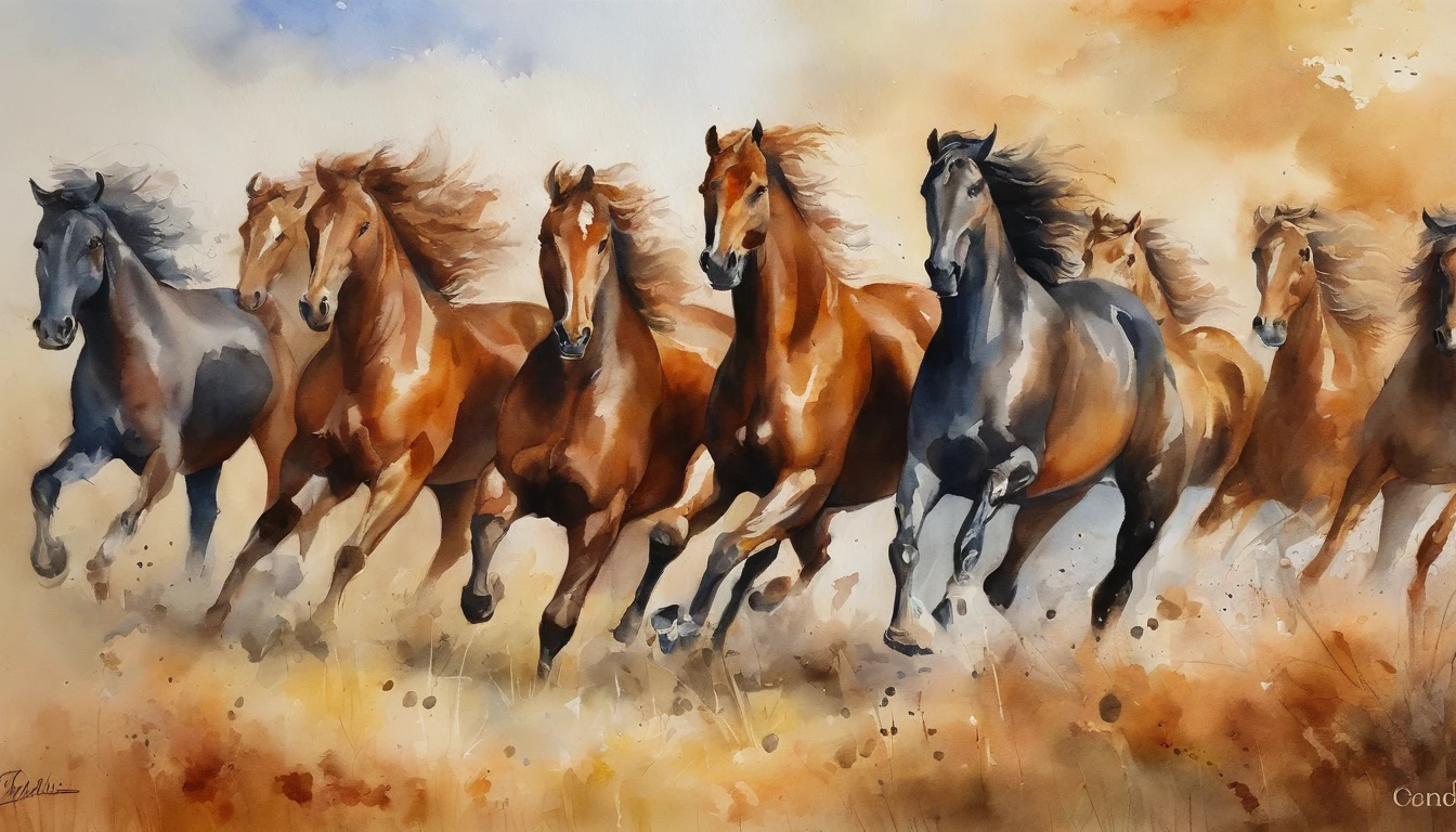 Nine horses,Nine Jun Diagram, watercolor colored painting, watercolor paiting, watercolor paiting, Watercolor painting, water color art on paper, watercolor on canvas, detailed watercolour, colorful watercolor painting, watercolour on paper, watercolor paiting, fantasy watercolor, watercolor paiting, watercolors on canvas, aquarelle, vibrant watercolor painting