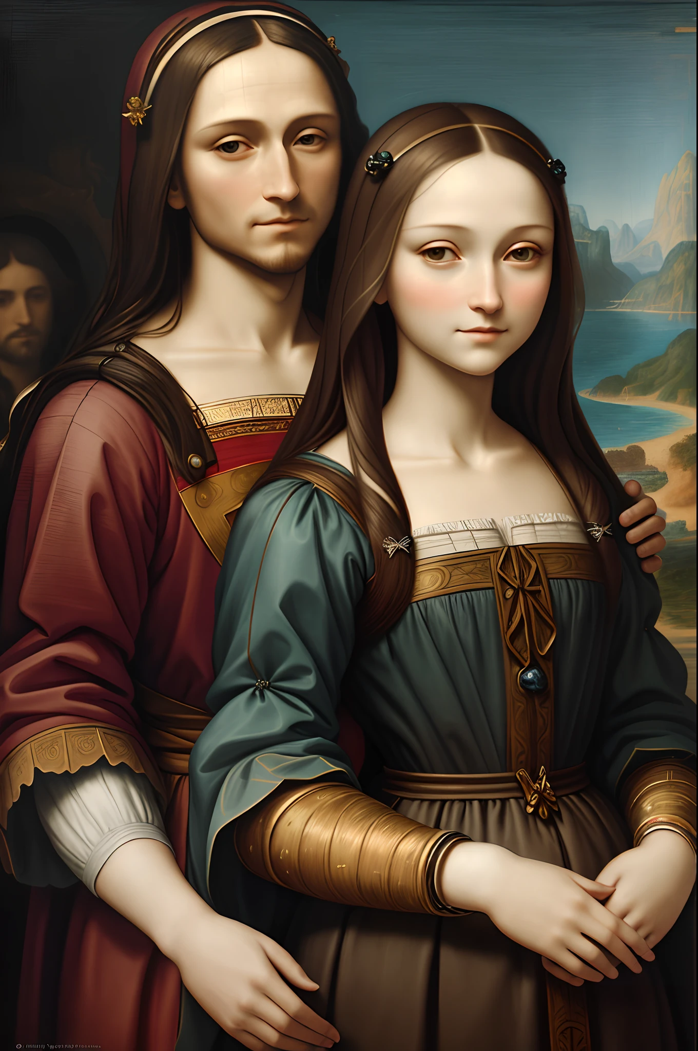 Title: "Monalisa and Leonardo: Embracing Real Life"

Description: Imagine an ultra-realistic work of art, in 8K resolution, that brings a captivating vision of Monalisa embracing Leonardo da Vinci himself. The painting depicts an exciting and intimate scene, where the mysterious and enigmatic figure of the Monalisa, famous for her enigmatic smile, is wrapped in a warm embrace with the Renaissance master who created her.

In this detailed and meticulous depiction, the artificial intelligence captures every nuance of his facial expressions, the subtle traces of his hands intertwining, and the soft shadows that frame this scene of affection. The painting is so realistic that you can feel the texture of the brush strokes and see the sparkle in the eyes of both characters, conveying a genuine and sincere emotion.

The combination of realistic painting technique with the precision and detail of artificial intelligence results in a work of art that transcends imagination, immersing the viewer in an intimate moment between Monalisa and its creator, Leonardo da Vinci. Prepare to be transported to a reality where these two icons meet in an affectionate and eternal embrace.

Witness this fusion between the past and the future of art, where artificial intelligence brings to life the vision of one of humanity's greatest geniuses, Leonardo da Vinci, and brings Monalisa to life in a unique and palpable proximity. This ultra-realistic artwork promises to amaze and surprise, taking you on a unique and emotional visual journey.
8k, high definition, hyper-realistic, + cinematic plan + dynamic composition, incredibly detailed, sharpness, detail details + night with light + perfectionism + award-winning realism ((ambient lighting))