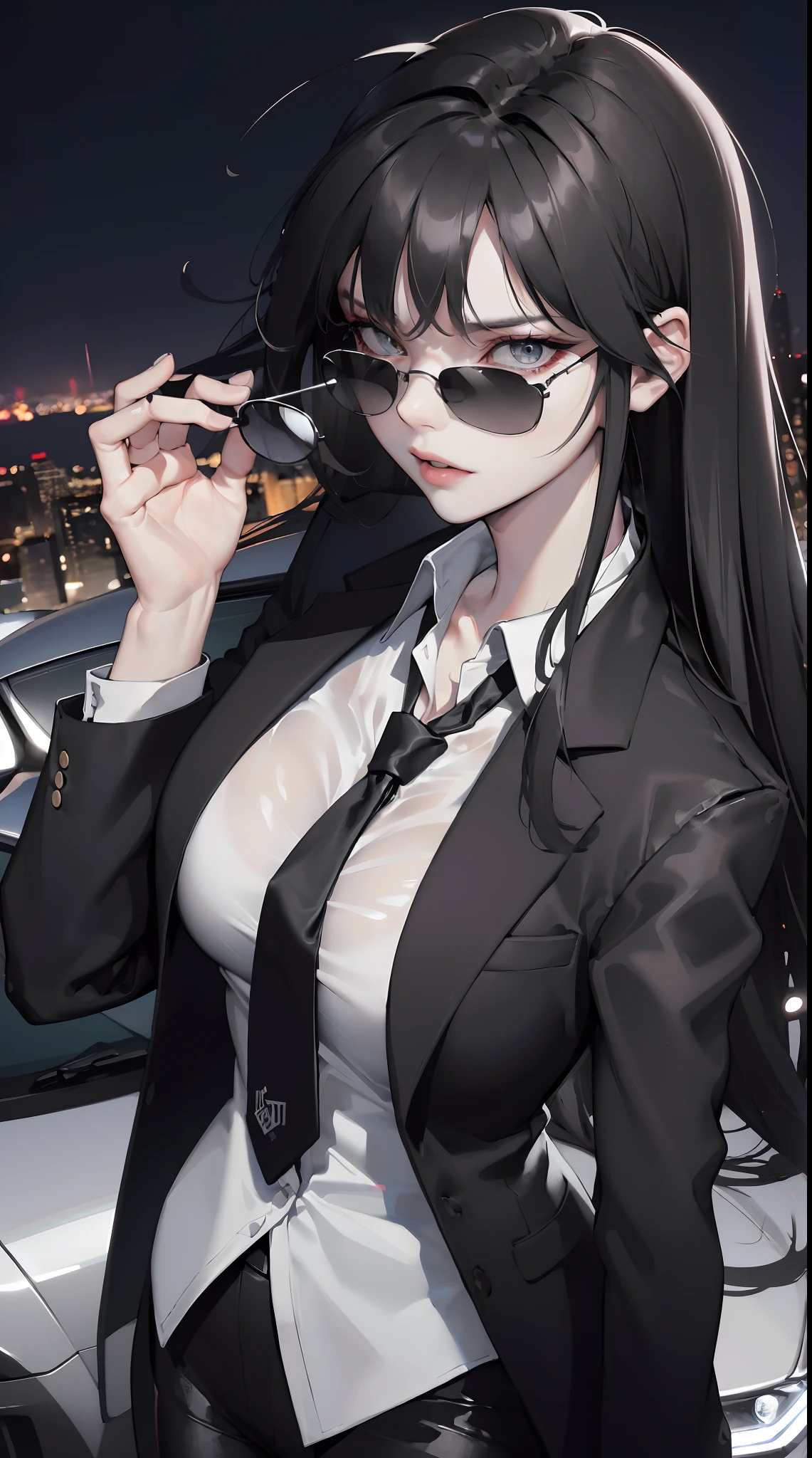 (masterpiece:1.2, best quality), 8k,Sharp focus, 1 cool adult woman posing in a sports car, long and messy hair, Wearing sunglasses, Wearing a black suit with a white shirt and tie,Dynamic pose, Night city background with beautiful lighting