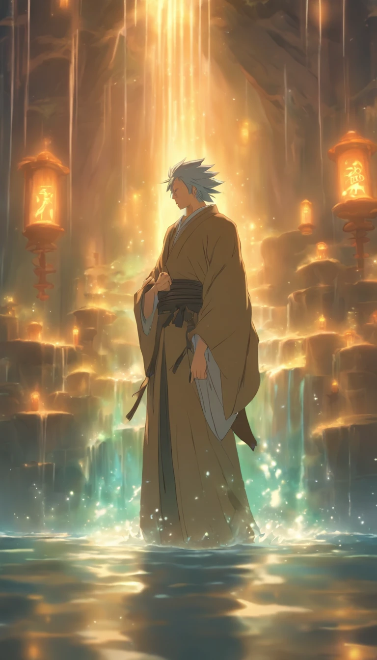 /imagine prompt: An elderly man stands in front of the water dungeon, hesitates for a moment, decides to do his best, nods, and walks out of the water dungeon, ,32k, best quality, masterpiece, super detail, high details, by Makoto Shinkai ,in the style of the stars art group xing xing, --niji 5"