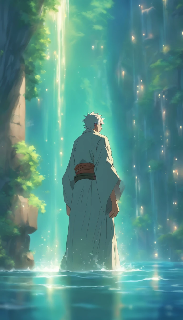 /imagine prompt: An elderly man stands in front of the water dungeon, hesitates for a moment, decides to do his best, nods, and walks out of the water dungeon, ,32k, best quality, masterpiece, super detail, high details, by Makoto Shinkai ,in the style of the stars art group xing xing, --niji 5"