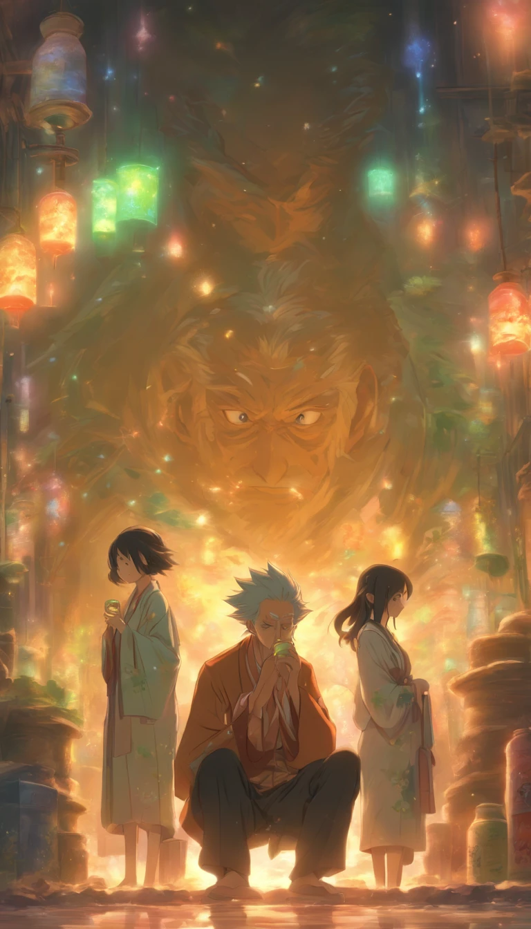 /imagine prompt: An old man with a solemn expression holding a bottle of healing medicine, two women covered in bruises and scars, wearing pained expressions and looking exhausted, in a quiet scene that appears to be an abandoned room, ,32k, best quality, masterpiece, super detail, high details, by Makoto Shinkai ,in the style of the stars art group xing xing, --niji 5"