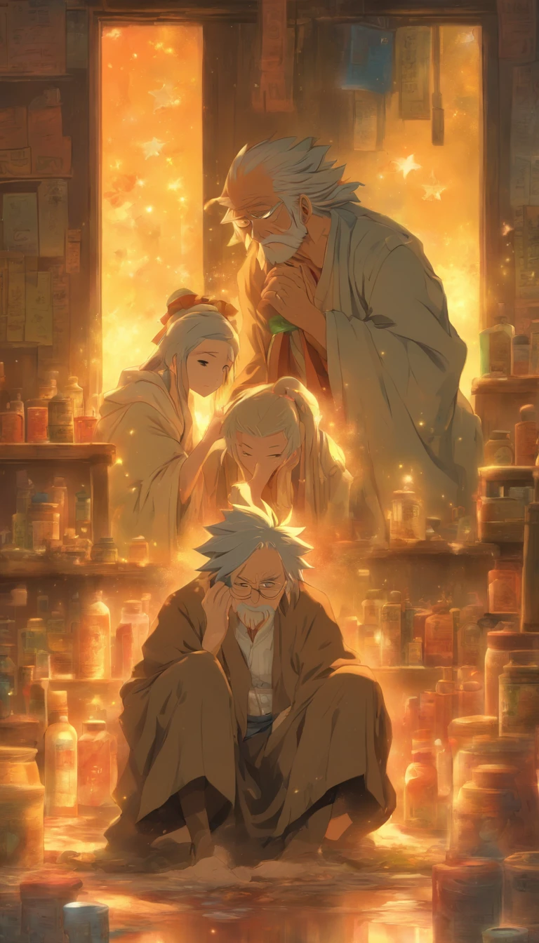 /imagine prompt: An old man with a solemn expression holding a bottle of healing medicine, two women covered in bruises and scars, wearing pained expressions and looking exhausted, in a quiet scene that appears to be an abandoned room, ,32k, best quality, masterpiece, super detail, high details, by Makoto Shinkai ,in the style of the stars art group xing xing, --niji 5"