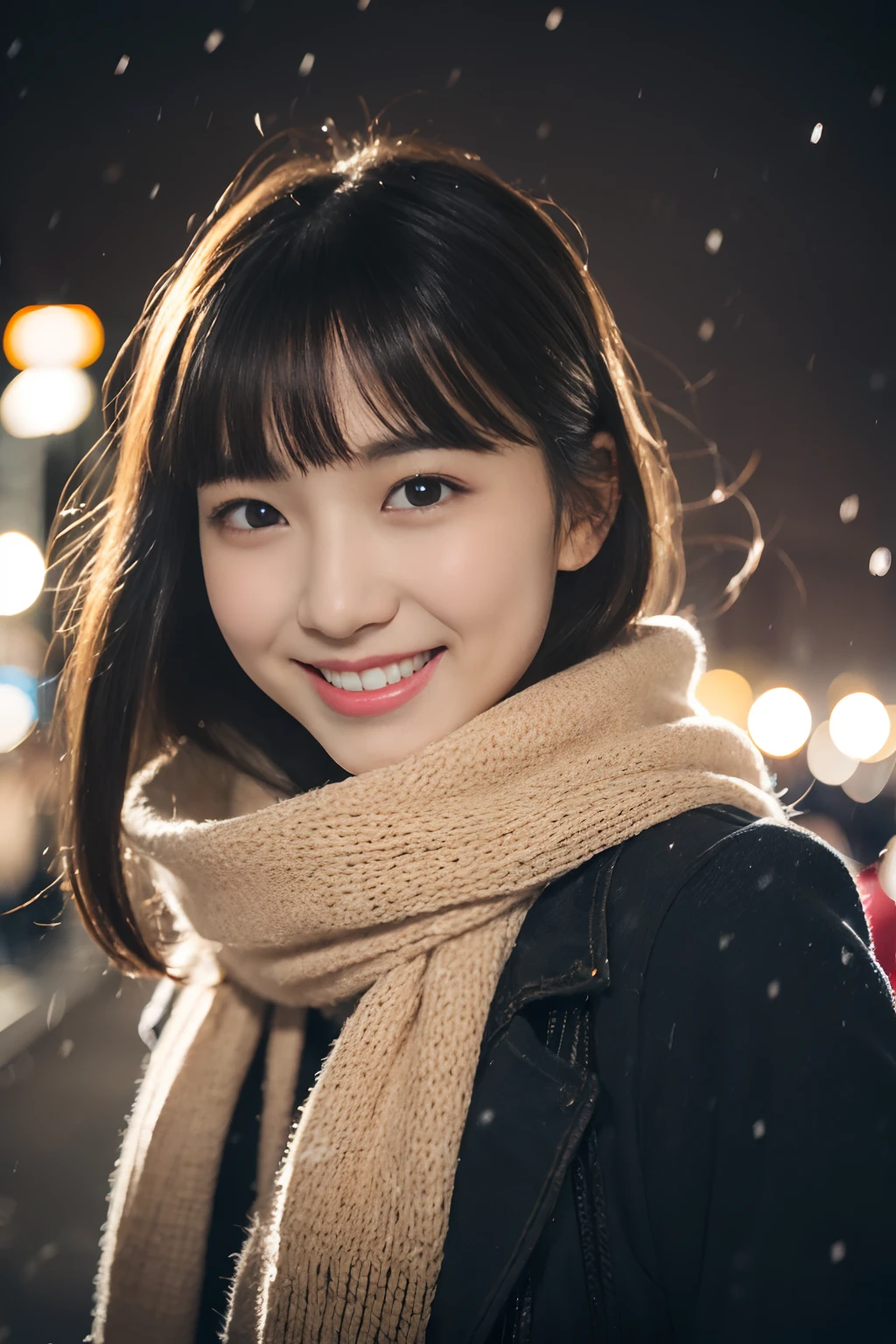 ((no-makeup:1.2))、(realisitic、Photorealsitic、ultra-detailliert、Highest Details Skins、top-quality、​masterpiece、超A high resolution)、Cute Japan Woman、sixteen years old、hi-school girl、younggirl、1 girl in、I have bangs、二重まぶた、drooing eyes、Large black eyes、Charming、purity、Cute smile、Natural smile、View here、look at a camera、Realistic skin type、Thick gray muffler、fluffy hair、((Hair is inside the scarf))、Red cheeks、The wind is blowing、It's snowing、illuminations、bright lighting from behind、Loose perm、nightcity、blurry backround
