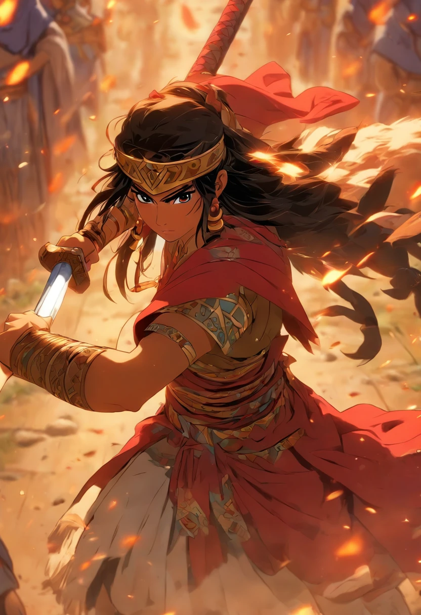 mujer con una capa roja sosteniendo una espada y un escudo, Guerrera imca, Guerrera joven del norte, Antigua princesa inca, diosa guerrera Inca, Una hermosa mujer guerrera, Mujer guerrera, Guerrera, Inca Princess fights barbarians, Una mujer Berserker muy hermosa, Guerrero Inca, Una joven guerrera, natural lighting, soft illuminaotion