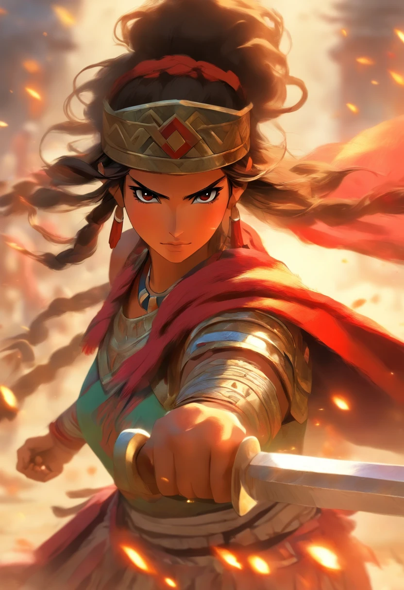 mujer con una capa roja sosteniendo una espada y un escudo, Guerrera imca, Guerrera joven del norte, Antigua princesa inca, diosa guerrera Inca, Una hermosa mujer guerrera, Mujer guerrera, Guerrera, Inca Princess fights barbarians, Una mujer Berserker muy hermosa, Guerrero Inca, Una joven guerrera, natural  lighting, soft illuminaotion
