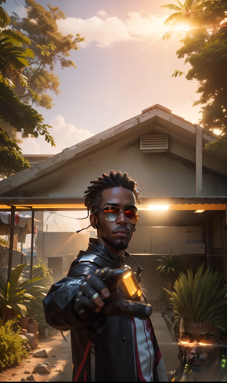 super high res, melhor qualidade, foto, 16k, (fotorrealista: 1.2), cinematic lighthing, Homem do afro americano de 23 anos que usa roupa camuflada do exercito e faz parte de uma equipe chamada os corvos, In addition he wears mirrored sunglasses and also has dreads in his hair (Cyberpunk 2020)
