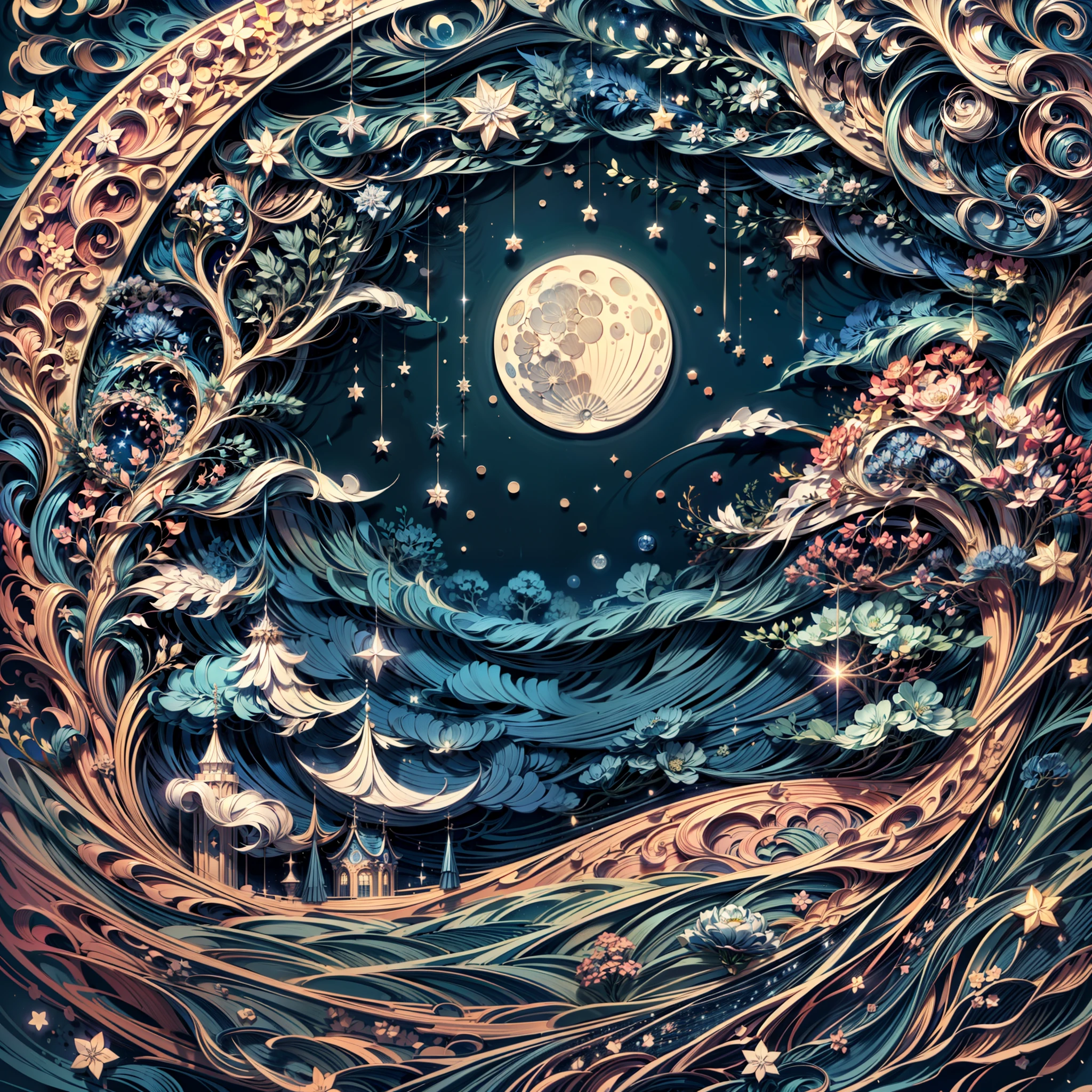 (Paper cut art style,)(Best picture quality, 4k,8k, high quality, masterpiece :1.2), super detail, Starry night view with moon and clouds in one frame, baroque painting. star lit sky, calm evening. Digital illustration, detailed dreamscape, stary night painting, dreamy night, dreamlike illustration, Stars and paisley fill the sky, The moon and stars, moonlit starry sky environment, magic fantasy highly detailed, dreamy and detailed, big moon and stars in the sky