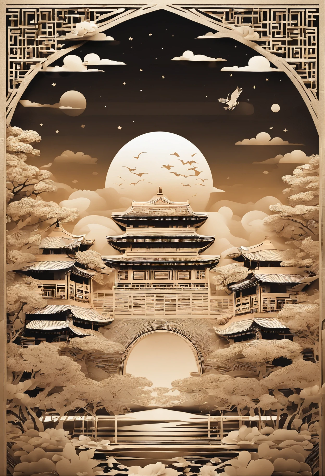 outstanding,Chinese architectural paper-cut image,4K, The background is the moon, In the style of paper art, painting of beautiful,,high detal. arte em papel cortado,,A masterpiece of beautiful intricacies, multi-layer, mysterious, beijing, Chinese watercolor style, Chinese ancient city, Amazing art of paper cutting