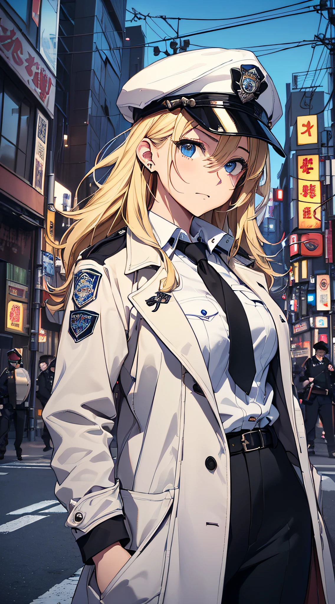 top-quality、Top image quality、​masterpiece、girl with((18year old、White Open Y-Shirt、deerstalker hat、Stylish long coat、Black pants、Best Bust、Bust 85、a blond、Longhaire、Blue eyes、open chest wide、Valley、Happiness、Black wristband on wrist、A slender、耳Nipple Ring、The wind blows,Stick your hands in your pockets、close to viewer、cool expression)）hiquality、Camera Film Style、Background with((tokyo at night、murder scene))、Depth(police officers、police cars、Firefighters、ambulance、Paramedic）masutepiece、cool style、Elaborate design