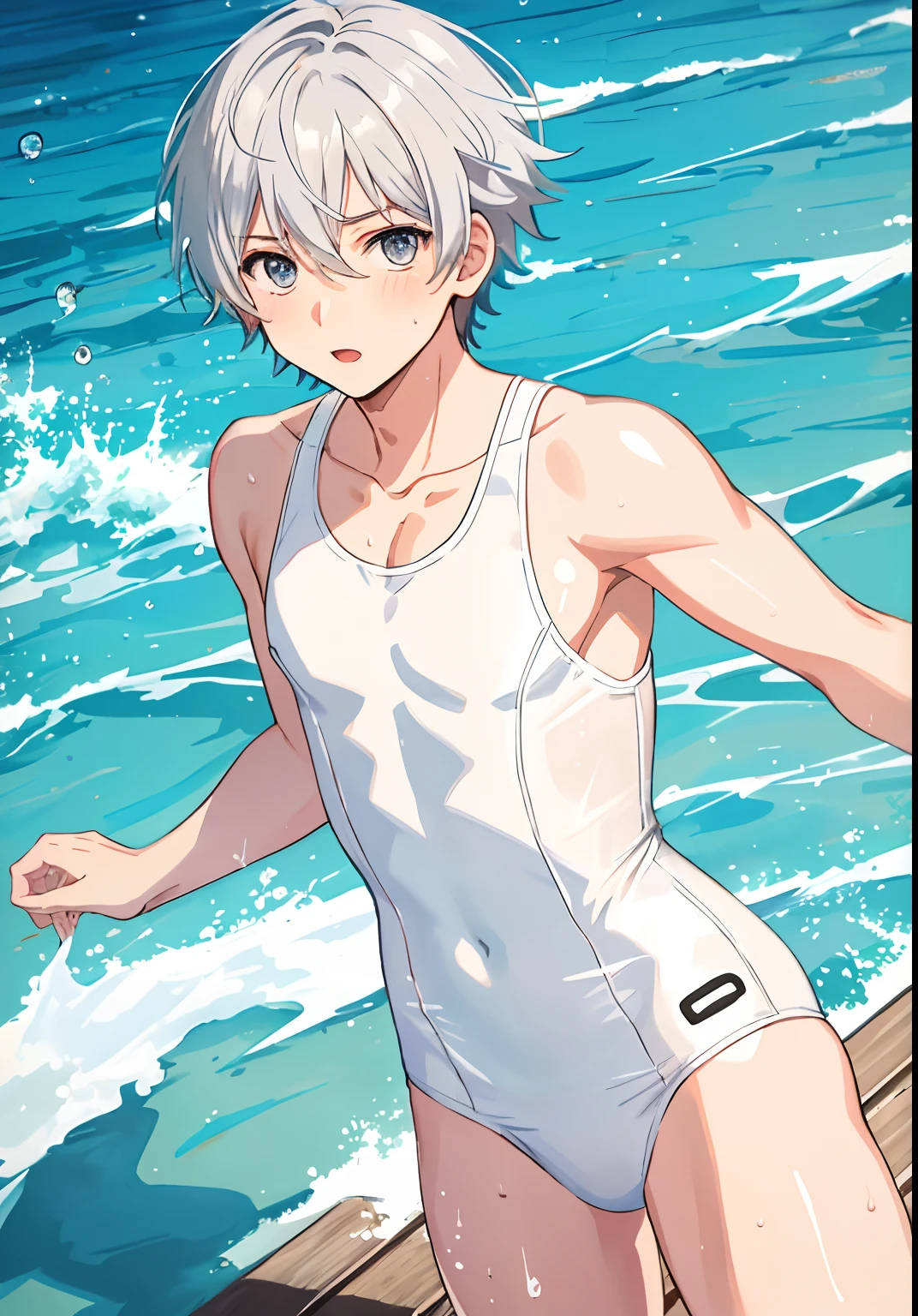 Cartoon photo of a man in a white swimsuit, gender change, gender change(Girls to boys), Wet swimsuit, Man with short silver hair, wearing a swimming wear, garments:High-cut swimwear, Rogue Anime Boy, short-hair, Swimsuit, Cute boy in tank suit, onepiece swimsuit