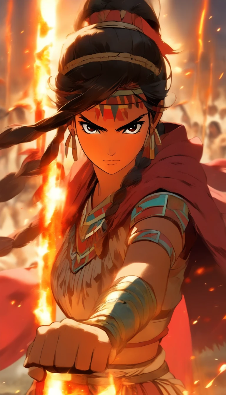 Create a anime style landscape image. Dramatic and intense portrait-style image featuring a woman standing in the rain. The layout is vertical, focusing closely on the subject from the waist up. The woman has long, wet black hair cascading over her shoulders and a determined expression on her face. Her skin is a medium tone, and she is wearing a red sari that clings to her body due to the rain. She has dark, intense eyes and is adorned with multiple necklaces. The background is blurred with an orange hue, possibly from fire or lights, adding to the dramatic effect. The overall atmosphere is intense and powerful, with a strong emphasis on the subject's fierce expression and the dramatic lighting.