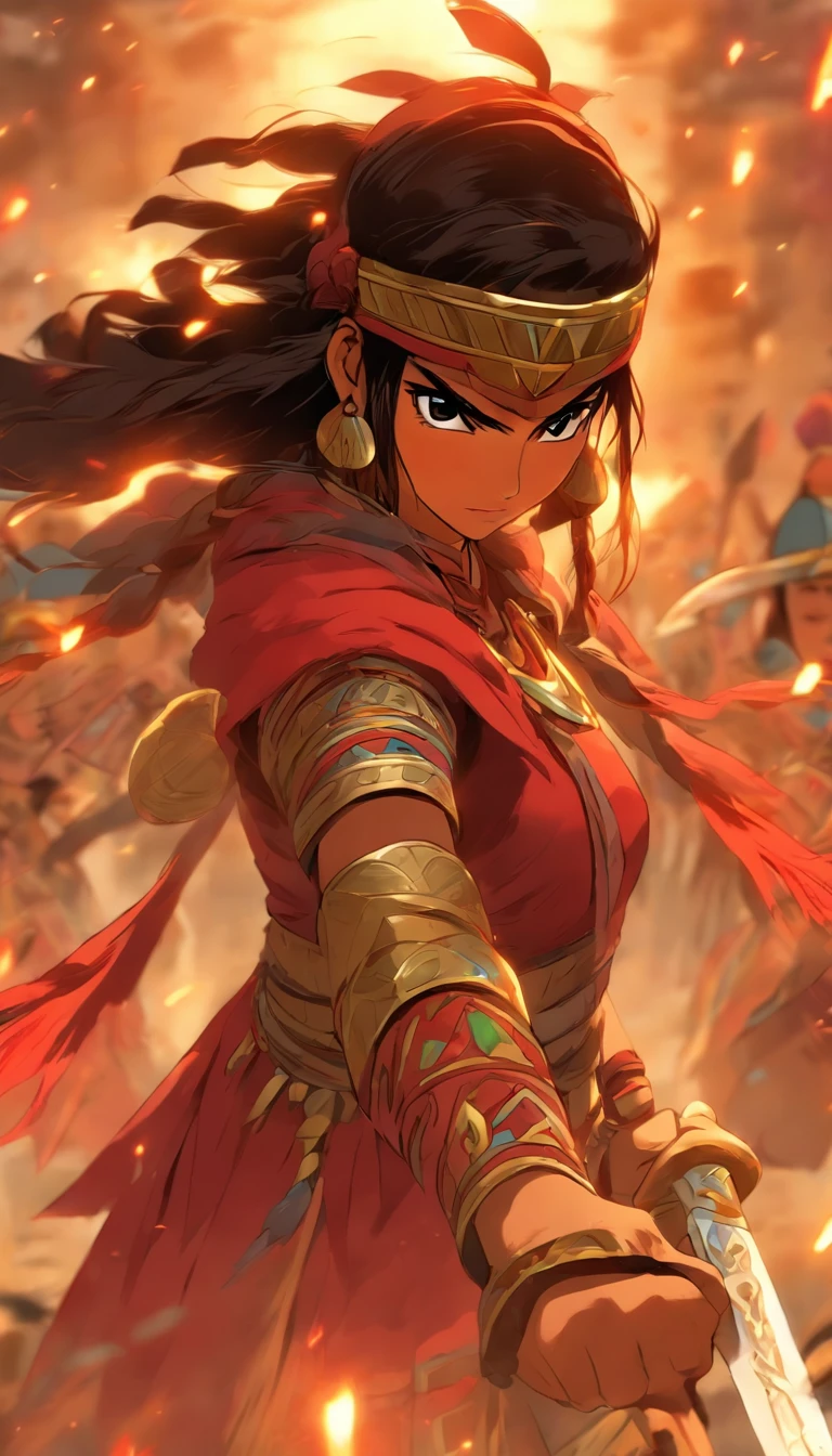 mujer con una capa roja sosteniendo una espada y un escudo, Guerrera imca, Guerrera joven del norte, Antigua princesa inca, diosa guerrera Inca, Una hermosa mujer guerrera, Mujer guerrera, Guerrera, Inca Princess fights barbarians, Una mujer Berserker muy hermosa, Guerrero Inca, Una joven guerrera, natural  lighting, soft illuminaotion