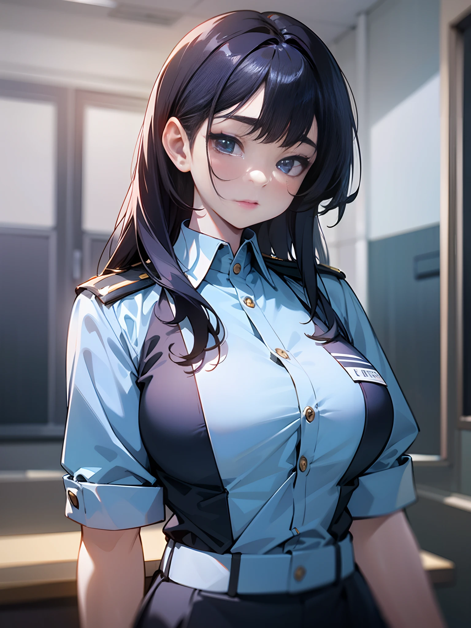 beautiful asian female, hair over shoulder, White skin, Bust size 32 inches, Wearing blue office uniform, in the meeting room, upper body portrait, cinematic lighting, UHD --auto --s2
