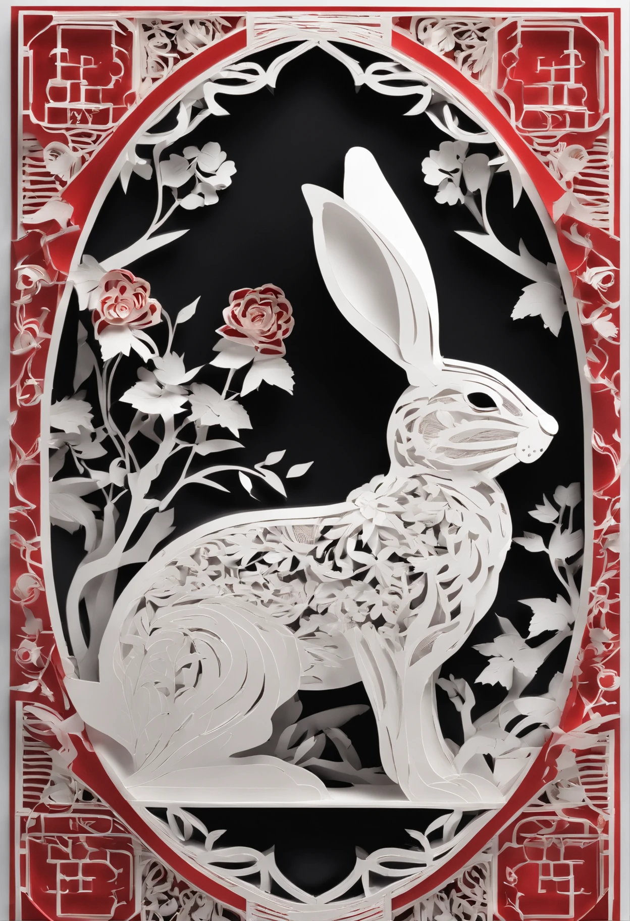 Masterpiece, Paper cut image of a rabbit,4K, beautiful render of a fairytale, In the style of paper art, painting of beautiful, beautiful as the moon, A very complex masterpiece, Painted metal, A masterpiece of beautiful intricacies, multi-layer, mysterious, ancient chinese background, Red