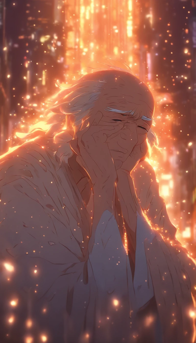 /imagine prompt: Old elder in tears, ,32K, Best quality, Masterpiece, Super detail, High details, By Makoto Shinkai ,in the style of the stars art group xing xing, --niji 5