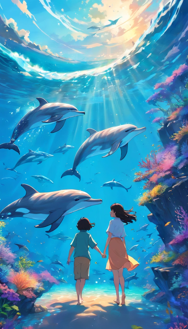 Painting of dolphins swimming in colorful ocean, Look up at the composition, Live water and whales from the sky, inspired by Cyril Rolando, dreamy psychedelic anime, colorful anime movie background, A beautiful artwork illustration, author:Shitao, colorful concept art, Makoto Shinkai Cyrillo Rolando :: Makoto Shinkai, Cyrillo Rolando, black outlining by Renato Guedes, inking by Richard Estes, Ralph Goings, Chuck Close, Charles Bell, Audrey Flack, Don Eddy, Robert Bechtle, Ron Kleemann, Richard McLean, John Salt, Ben Schonzeit, superb quality