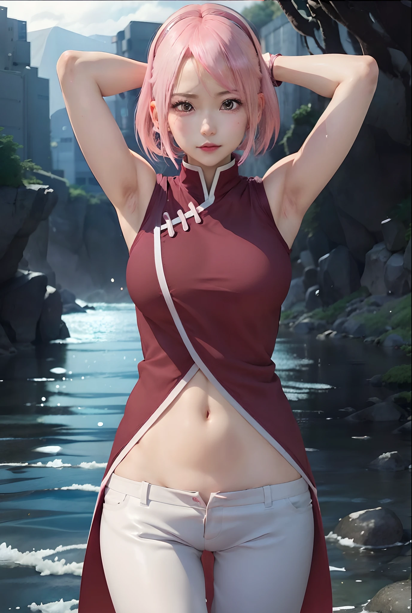 anime girl with pink hair and white pants posing in front of a river, sakura haruno, haruno sakura, sakura haruno in slug sage mode, from naruto, seductive anime girl, female anime character, most strongest pose, anime woman, anime character, kunoichi, female protagonist 👀 :8, badass pose, anime wallaper, anime girl, an anime girl