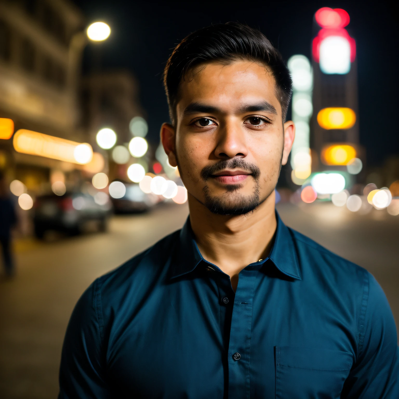 masterpiece, high quality, RAW photo, closeup face photo of man in black shirt blue trouser, night city street, bokeh,
