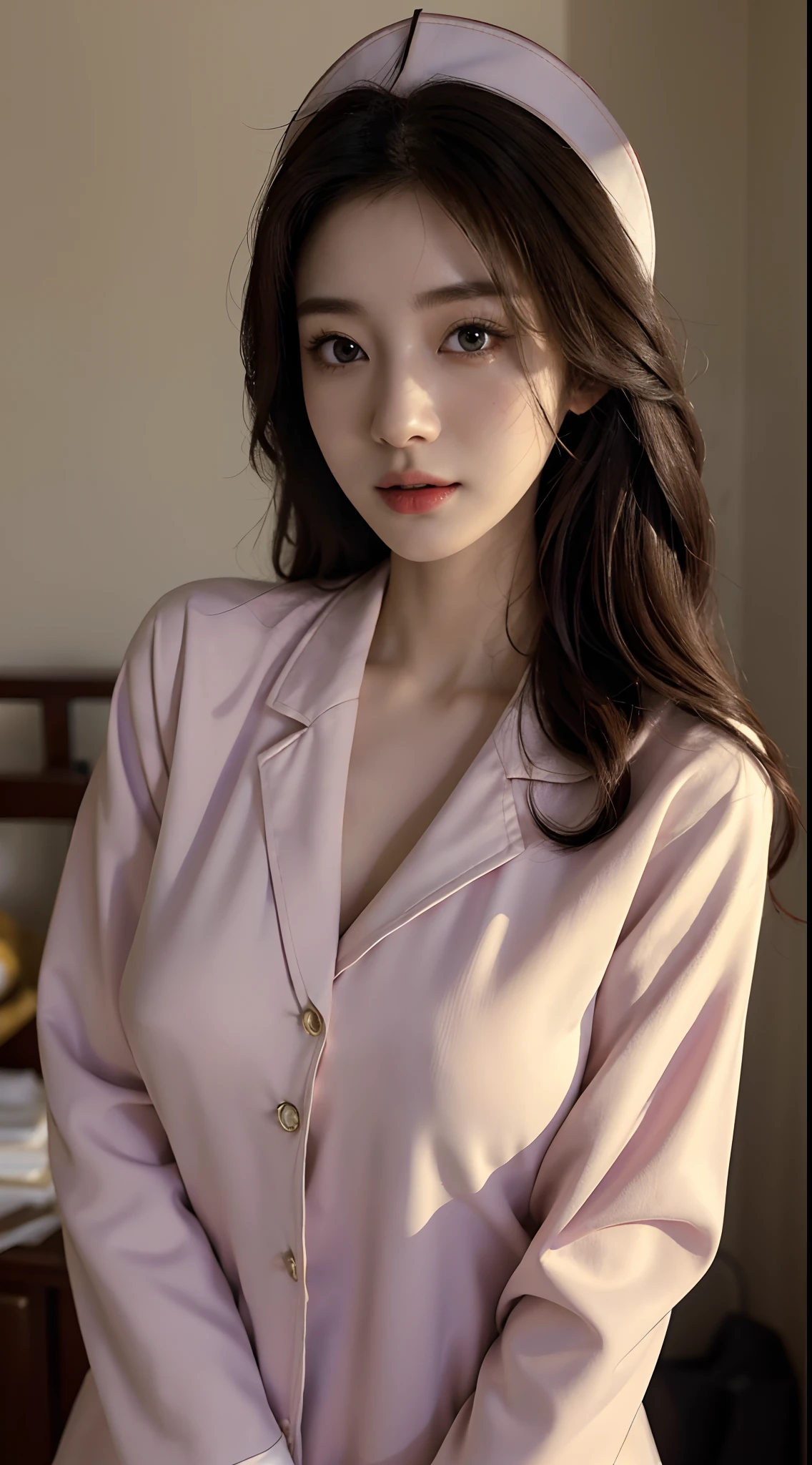 Best quality, best image quality, highest resolution, super detailed, wearing satin pajamas, the material of satin pajamas is shiny, soft and smooth to the touch, no underwear is worn, Chest is C cup, Japan fashion model, full body shot so that the face is also included, the subject is alone, sweaty,