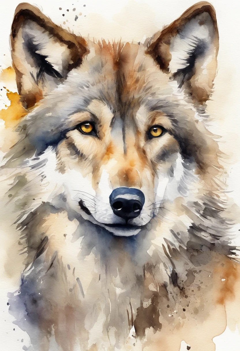 1 cute little wolf, cartoon, watercolor, white background