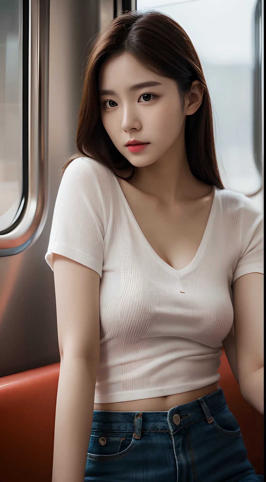 Realistic photos of 1 cute Korean actress, hair over shoulder, White skin, thin makeup, Bust size 32 inches, Wearing v-neck t-shirt, on the train, upper body portrait, cinematic lighting, UHD