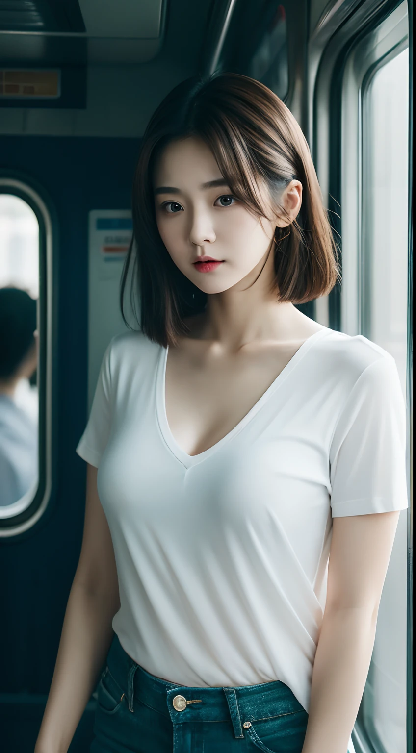 Realistic photos of 1 cute Korean actress, hair over shoulder, White skin, thin makeup, Bust size 32 inches, Wearing v-neck t-shirt, on the train, upper body portrait, cinematic lighting, UHD